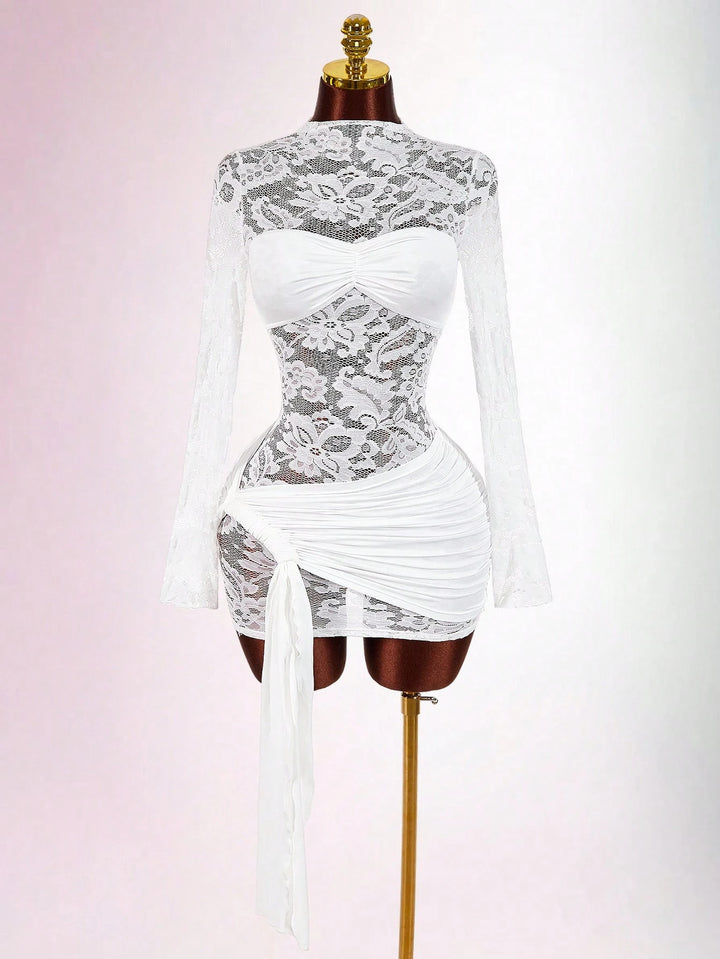 Damen nan transparentes Spitzen-Minikleid mit Bandeau-Einsatz, gerafftem Wickelrock und langen Ärmeln Drune