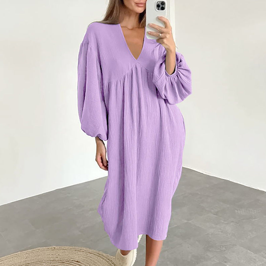 Damen lässiges Oversized-Kleid mit voluminösen Ärmeln und V-Ausschnitt Drune