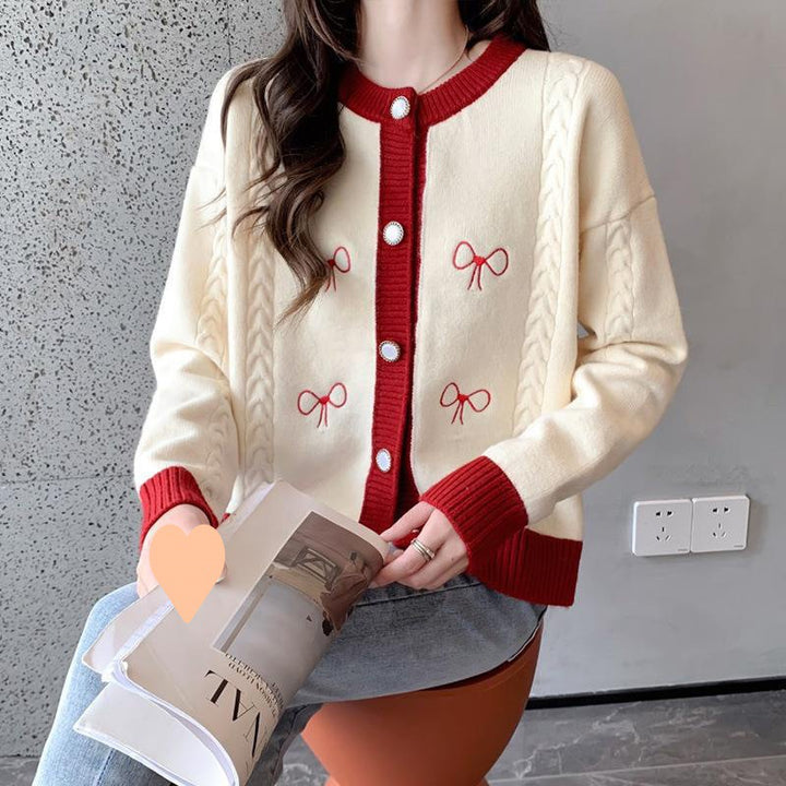 Damen kuschelige Strickjacke mit Schleifenapplikationen und Zopfmuster Drune