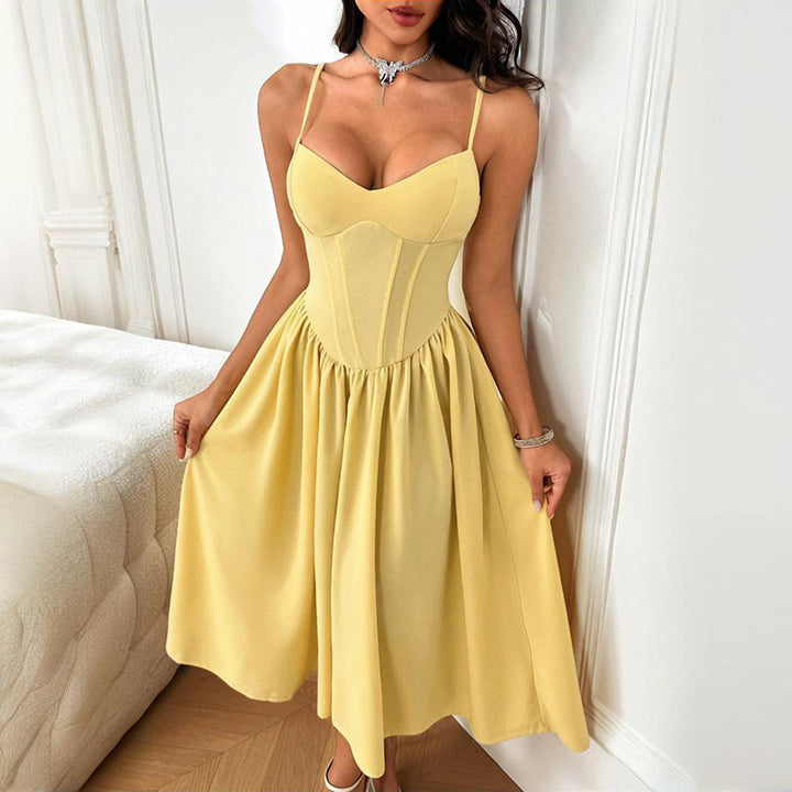 Damen elegantes Maxikleid mit taillierter Silhouette und feinen Trägern Drune