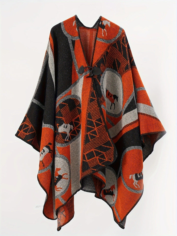 Damen Wollmix-Jacquard-Ruana mit Pferdemotiv, Knebelverschluss und offener Kimono-Silhouette Drune