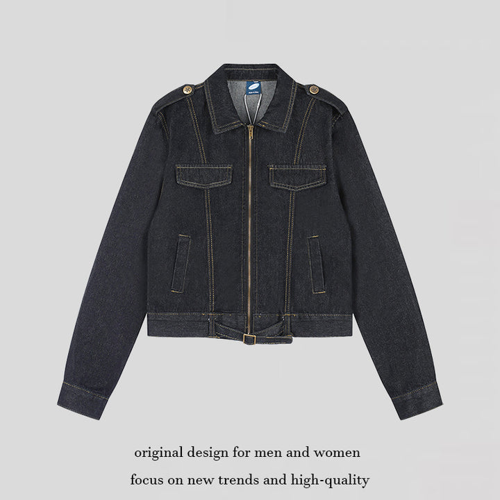 Damen Kurz geschnittene Jeansjacke mit Schulterklappen, Reißverschluss und Taillengürtel Drune