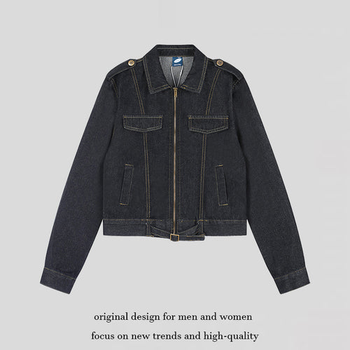 Damen Kurz geschnittene Jeansjacke mit Schulterklappen, Reißverschluss und Taillengürtel Drune