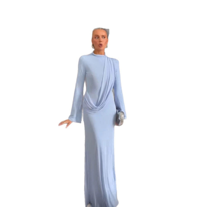 Damen Maxikleid mit Drapierter Front, Stehkragen und Glockenärmeln Drune