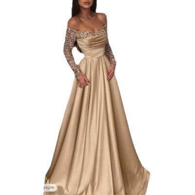 Damen Elegantes Ballkleid mit schimmerndem Oberteil und langen, bestickten Ärmeln Drune