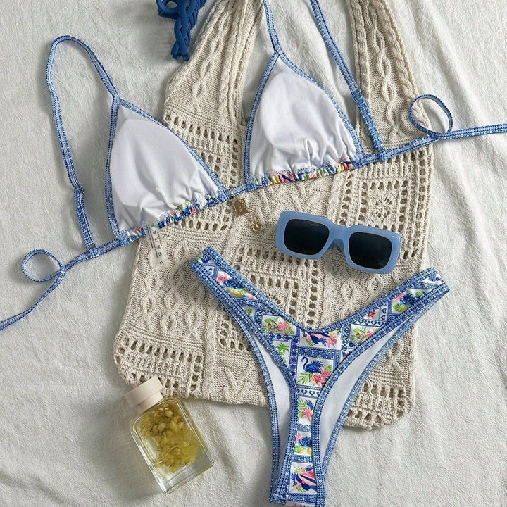 Damen Triangel-Bikini mit floralem Motiv und verstellbaren Trägern Drune