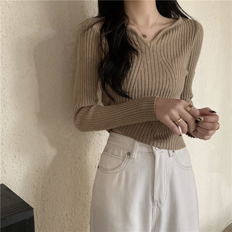 Damen V-förmiger Feinstrickpullover mit Rippstruktur Drune