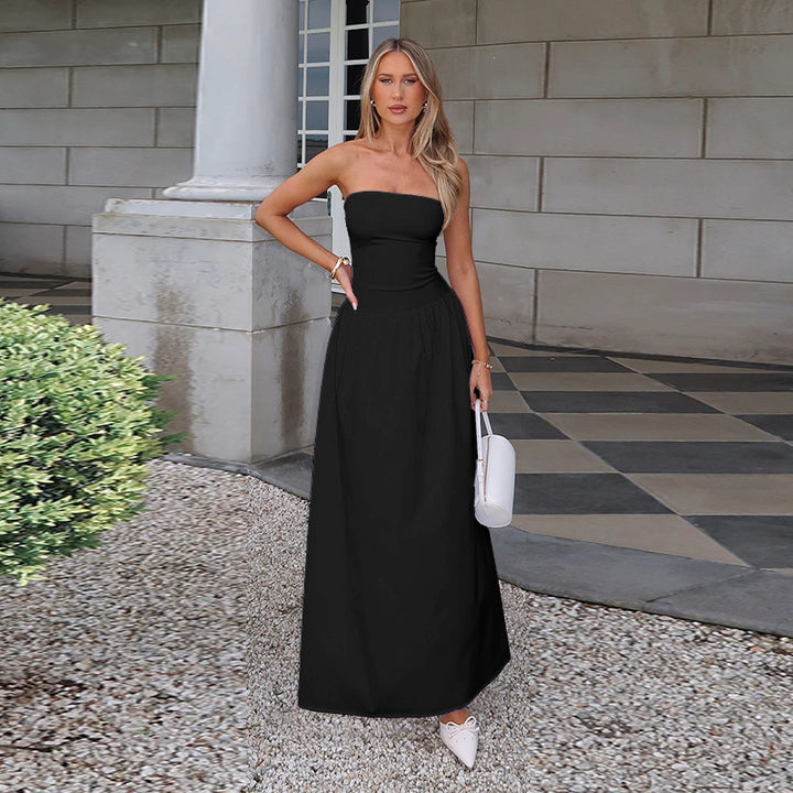 Damen elegantes Bandeau-Maxi-Kleid mit schwingendem Rock und elastischem Bund Drune