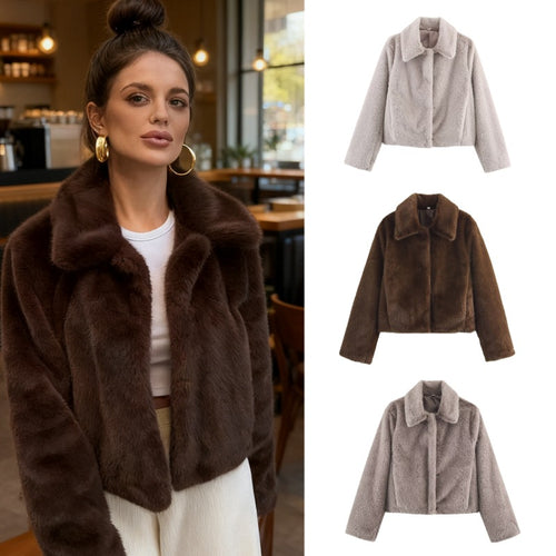 Damen Boxy-Faux-Fur-Kurzjacke mit klassischem Hemdkragen und samtigem Futter Drune