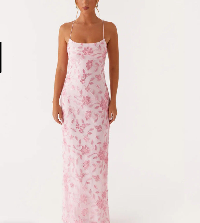 Damen Couture Maxikleid mit floralem Smock-Design und verführerischem Rücken Drune