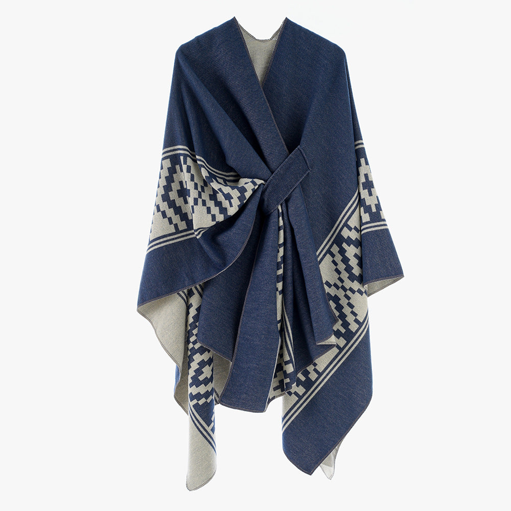 Damen Jacquard‑Ruana mit Bindegürtel und geometrischem Muster Drune