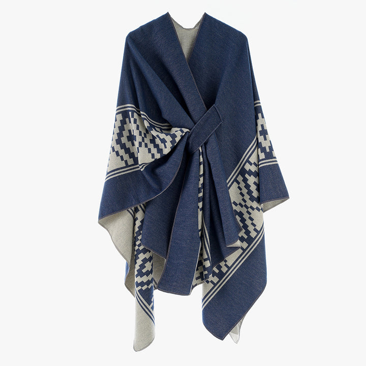 Damen Jacquard‑Ruana mit Bindegürtel und geometrischem Muster Drune