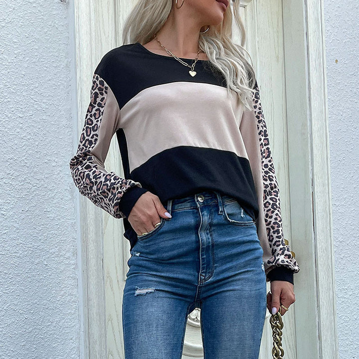 Damen Colorblock-Sweatshirt mit Leopardenärmeln und Rundhalsausschnitt Drune