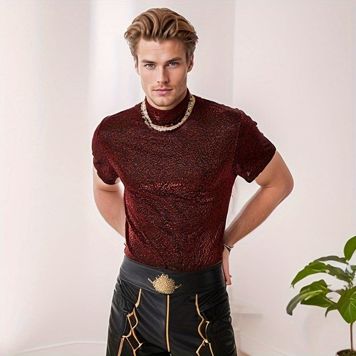Damen nan schimmerndes Kurzarmshirt mit hohem Rundhalsausschnitt und strukturierter Animal-Print-Optik Drune