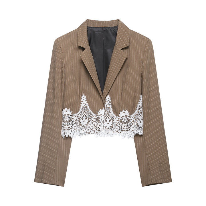 Damen Cropped Nadelstreifen-Blazer mit Spitzenbesatz und taillierter Silhouette Drune