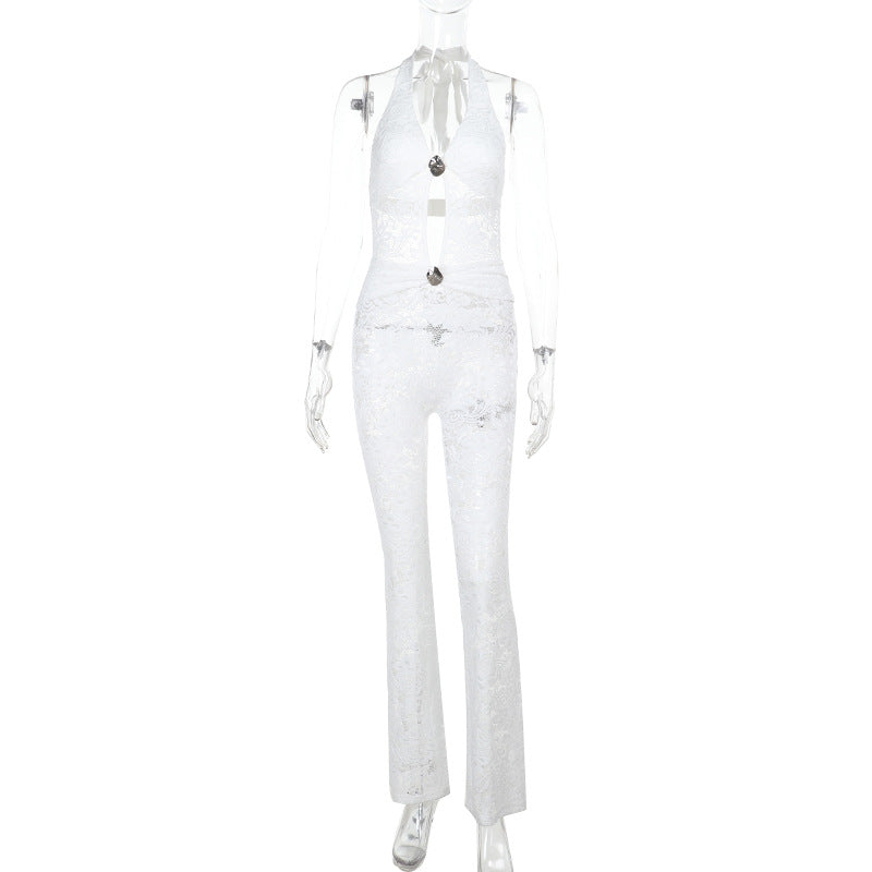 Damen eleganter Jumpsuit mit schicker Schnürung und transparentem Lacedesign Drune