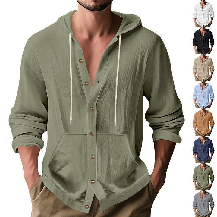 Herren nan figurbetonte Kapuzenhemd-Jacke aus Baumwollmix mit Druckknopfleiste und Kängurutasche Drune