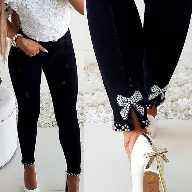Damen Skinny Jeans mit Perlen- und Schleifendetails Drune