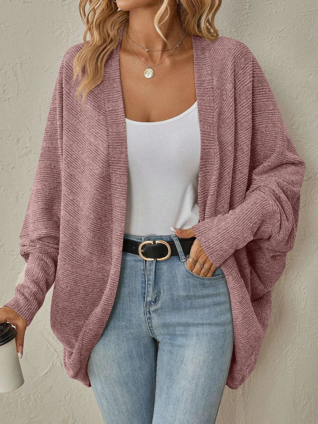Damen Offener Feinstrick-Cardigan mit Strukturstreifen und überlanger Relax-Silhouette Drune