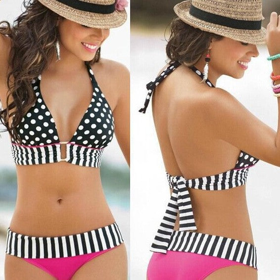 Damen Triangel-Bikini mit kontrastierenden Streifen und Punkten Drune