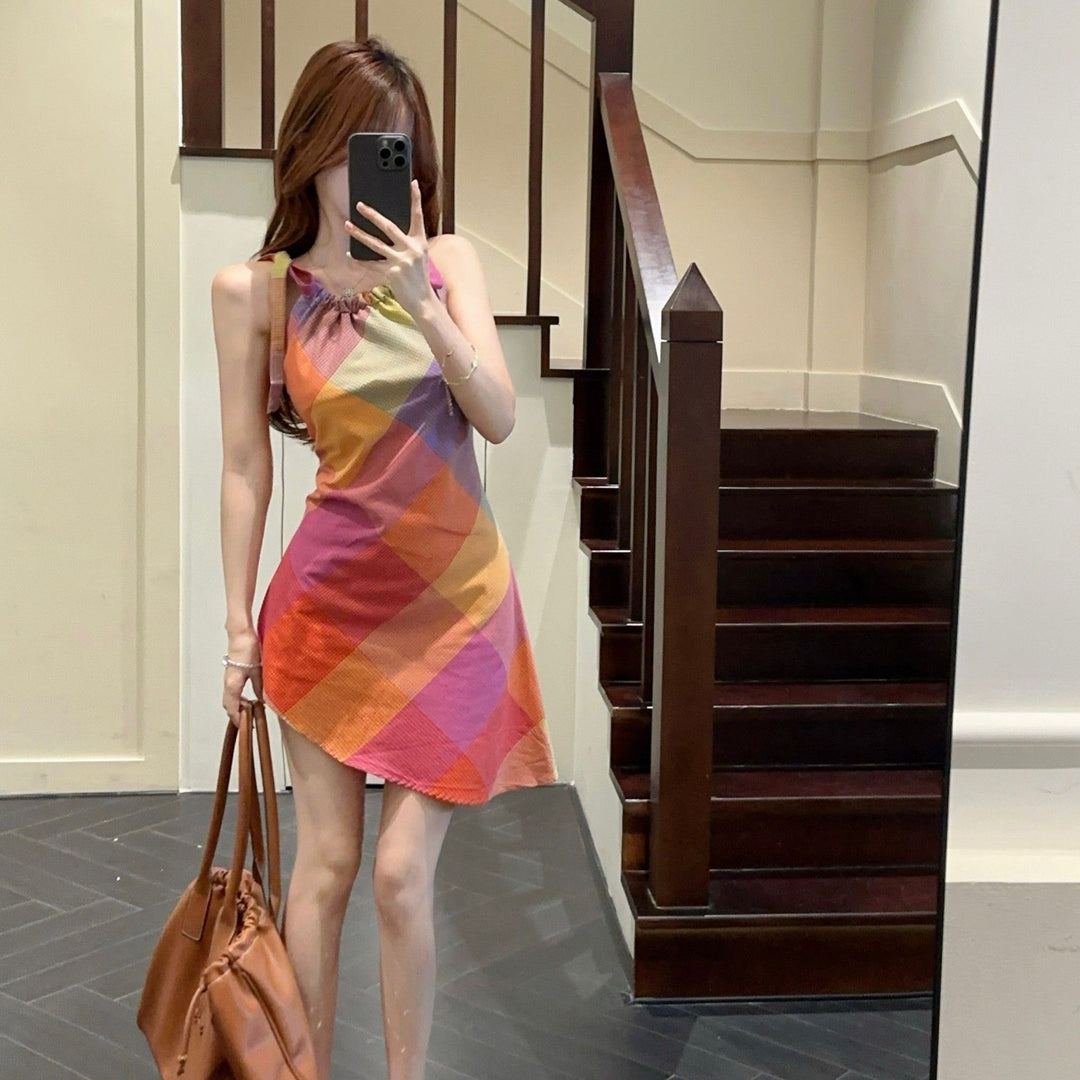 Damen Kurzarmkleid mit modischem Karomuster und elastischem Ausschnitt Drune