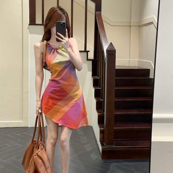 Damen Kurzarmkleid mit modischem Karomuster und elastischem Ausschnitt Drune