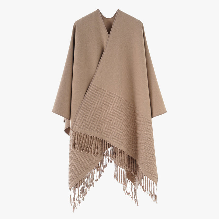 Damen Minimalistischer Wollmix-Capeponcho mit V‑Ausschnitt und Fransen Drune