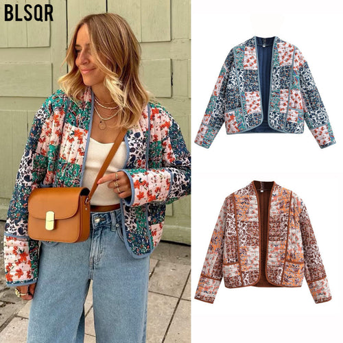 Damen Gesteppte Patchwork‑Steppjacke mit Blumenprint, offener Kimono‑Silhouette und aufgesetzten Taschen Drune