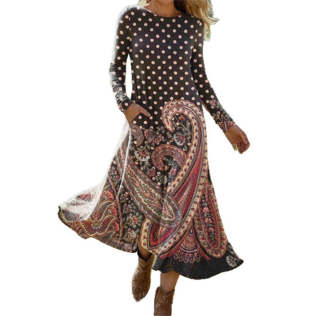 Damen Maxikleid mit Paisley‑ und Polka‑Dot‑Print, langärmeliges A‑Linien‑Jerseykleid Drune