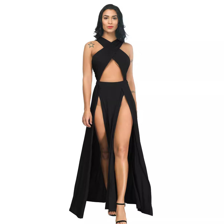 Damen Maxikleid mit Hochgeschlossenem Ausschnitt und Beinschlitz Drune