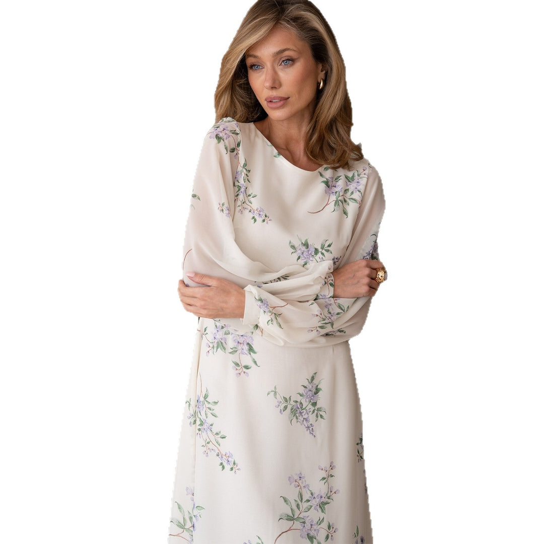 Damen Maxikleid mit transparenten Ärmeln und femininem Blumendruck Drune