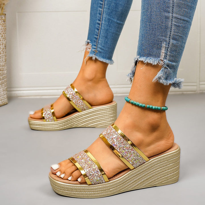 Damen Wedge-Sandalen mit funkelndem Glitter-Design und elegantem Riemensystem Drune