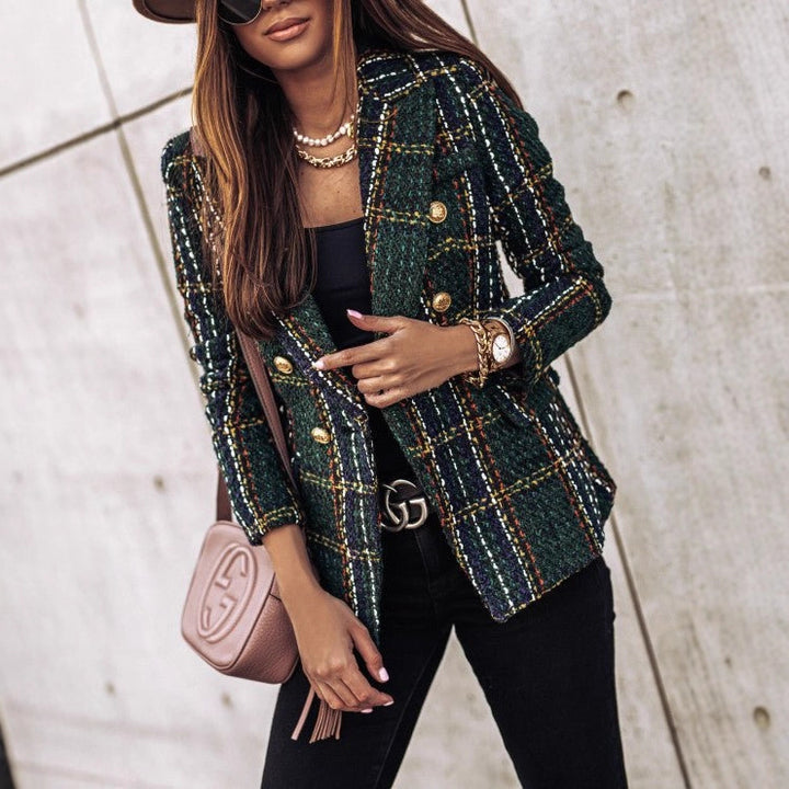 Damen Bouclé-Tweed-Blazer mit Karomuster und doppelreihiger Knopfleiste Drune