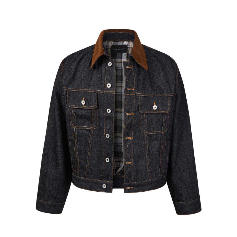 Herren Boxy Denim-Jacke mit Cordkragen und kariertem Futter Drune