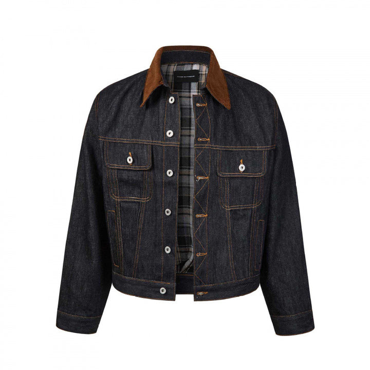 Herren Boxy Denim-Jacke mit Cordkragen und kariertem Futter Drune