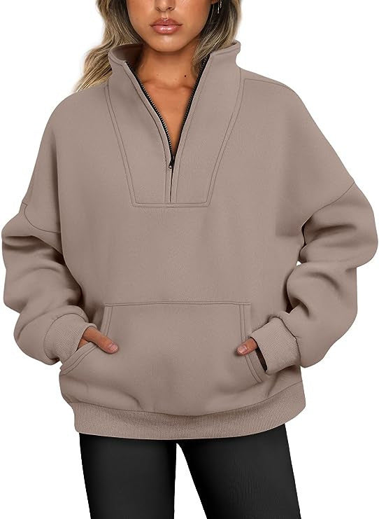 Damen lässiger Pullover mit hohem Kragen und praktischer Kängurutasche Drune