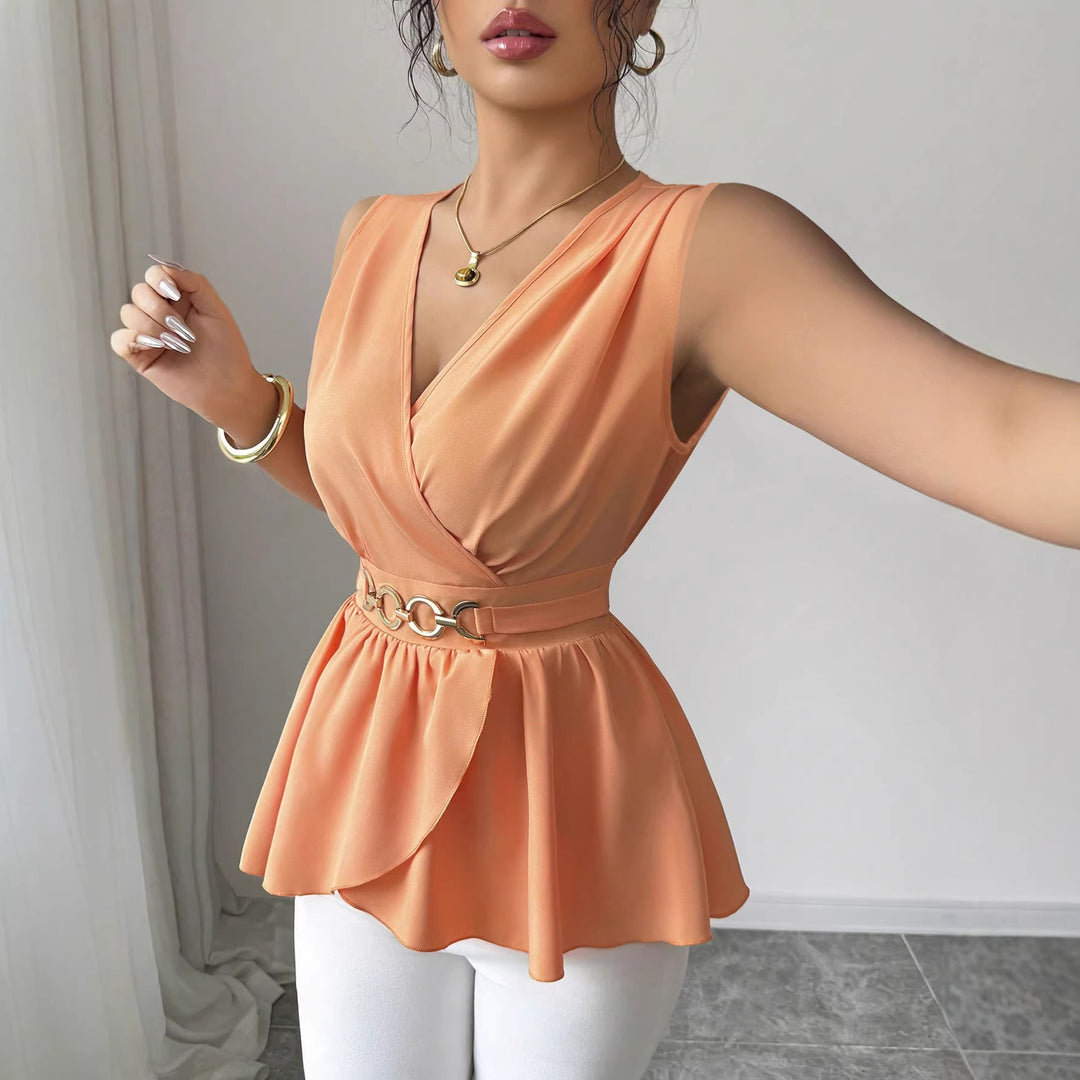 Damen Tailliertes Wickel-Top mit Volant‑Peplum und dekorativem Metallgürtel Drune