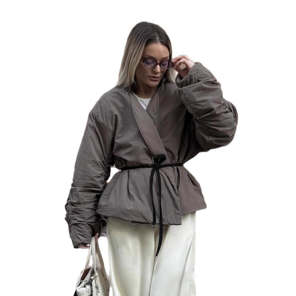 Damen lässige kurz geschnittene Jacke mit Taillengürtel und voluminösen Ärmeln Drune