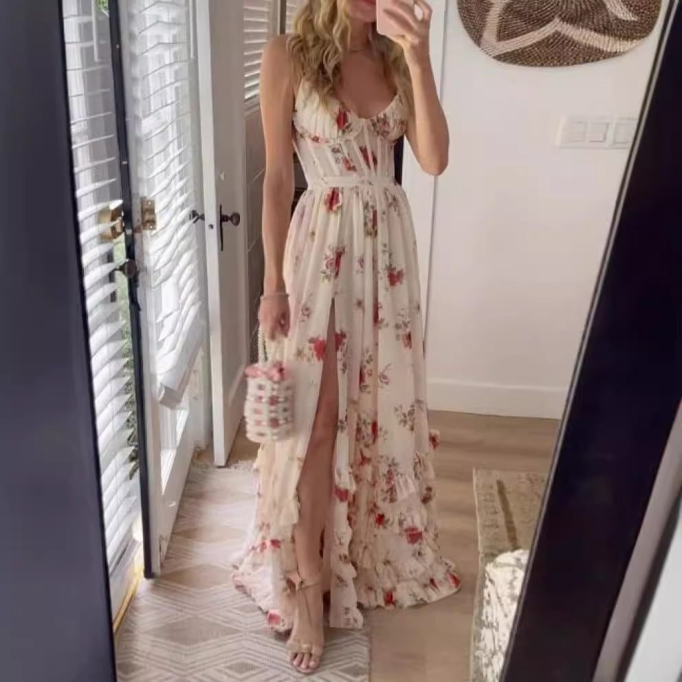Damen Maxikleid mit floralem Spitzenoberteil und hohem Schlitz Drune