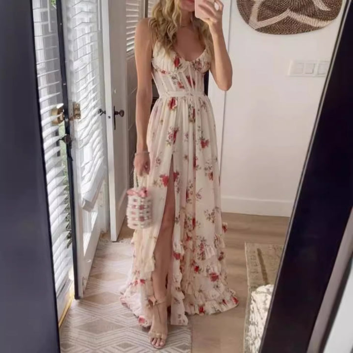 Damen Maxikleid mit floralem Spitzenoberteil und hohem Schlitz Drune