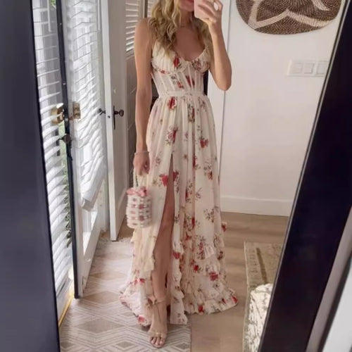 Damen Maxikleid mit floralem Spitzenoberteil und hohem Schlitz Drune