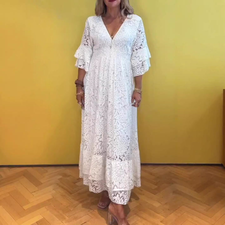 Damen nan Boho-Spitzen-Maxikleid mit V-Ausschnitt, Unterbrustnaht und gestuften Volantärmeln Drune