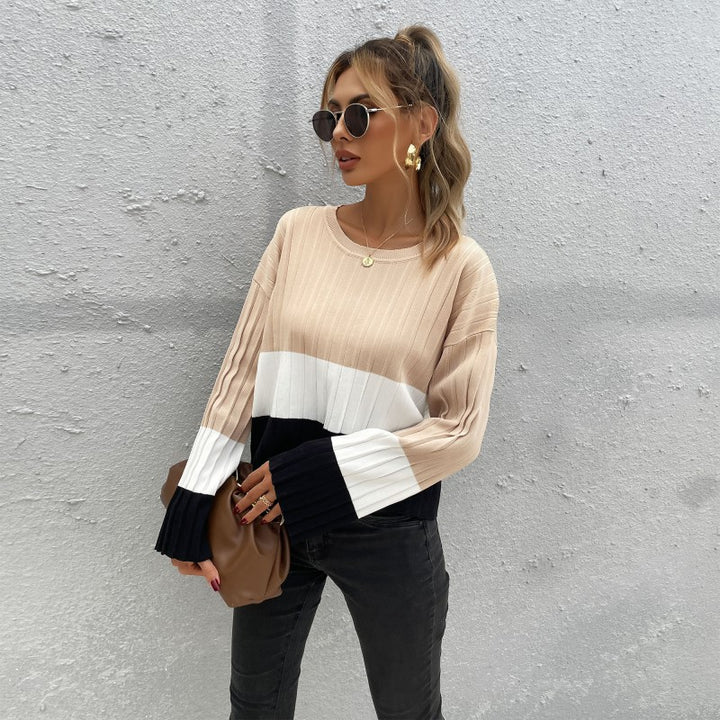 Damen Gerippter Colorblock-Pullover mit weitem Ärmelbündchen Drune