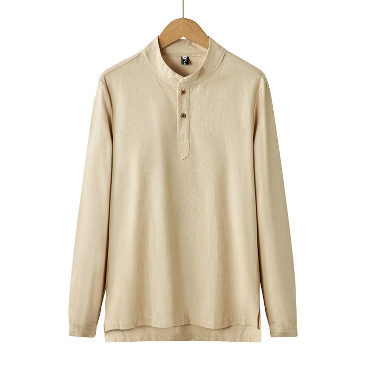 Herren nan langärmeliges Henley-Shirt mit Stehkragen und verdeckter Knopfleiste aus Baumwollmix Drune