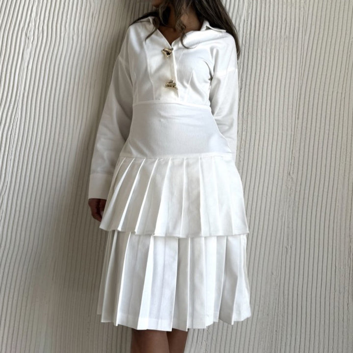 Damen Hemdblusenkleid mit Plissee-Saum und modischen Knopfdetails Drune