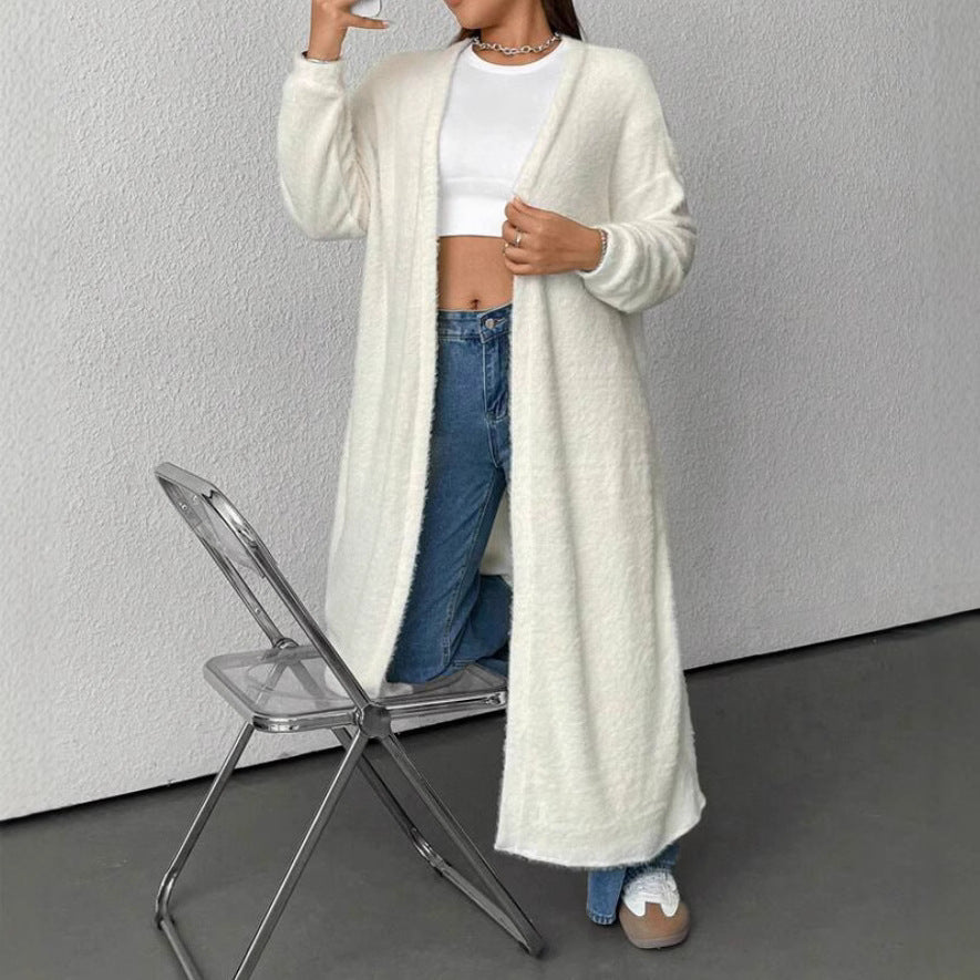 Damen Langer Wickel-Cardigan in Flausch-Optik mit Bindegürtel Drune