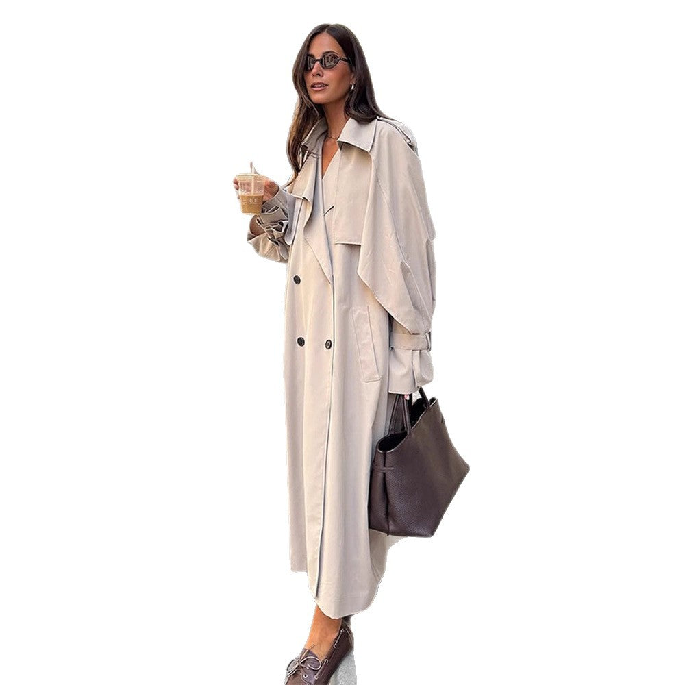 Damen Oversize Trenchcoat aus leichtem Gabardine mit Schulterklappen und Wasserfallkragen Drune