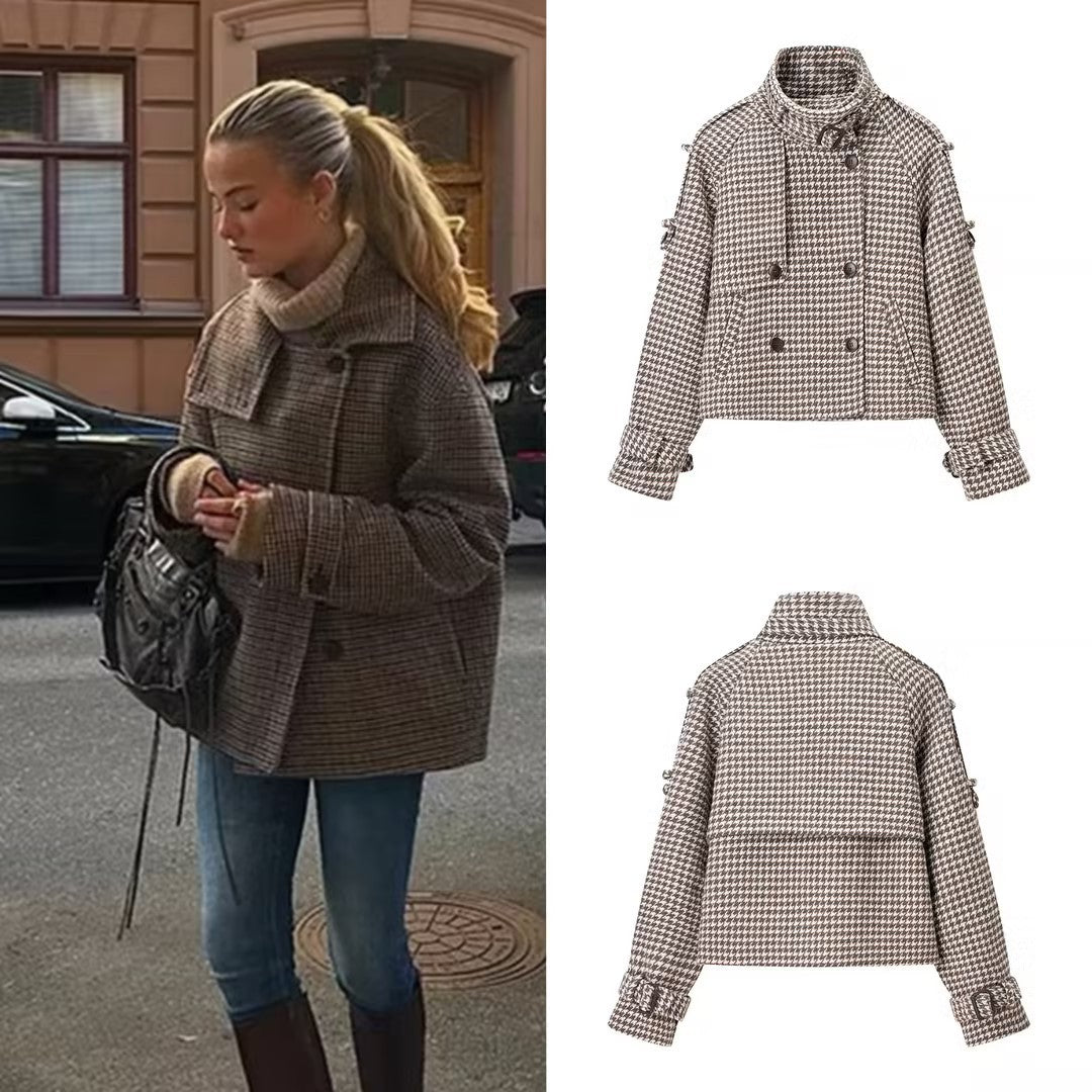Damen Kurzjacke im Hahnentritt mit Stehkragen, Doppelreiher und Taillendetails Drune