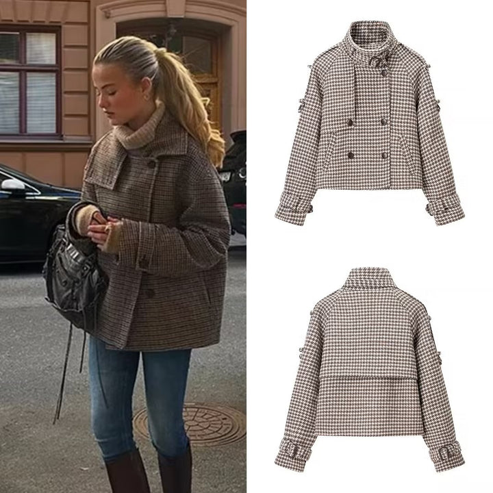 Damen Kurzjacke im Hahnentritt mit Stehkragen, Doppelreiher und Taillendetails Drune