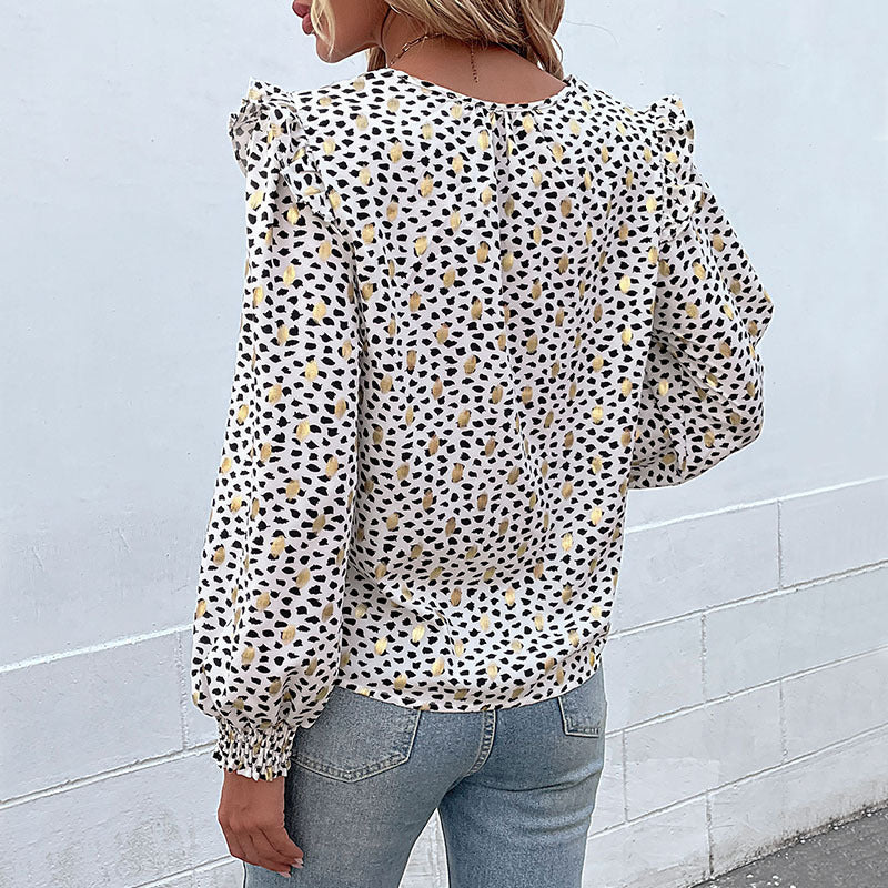 Damen Leichte Viskose-Optik Bluse mit V-Schlitz, Volumenärmeln & Smokbündchen Drune